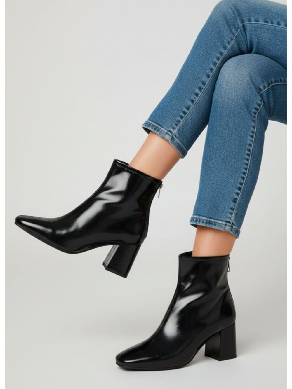 Black Patent Leather Ankle Boots With Square Toe & Block Heel For Women Side Zip